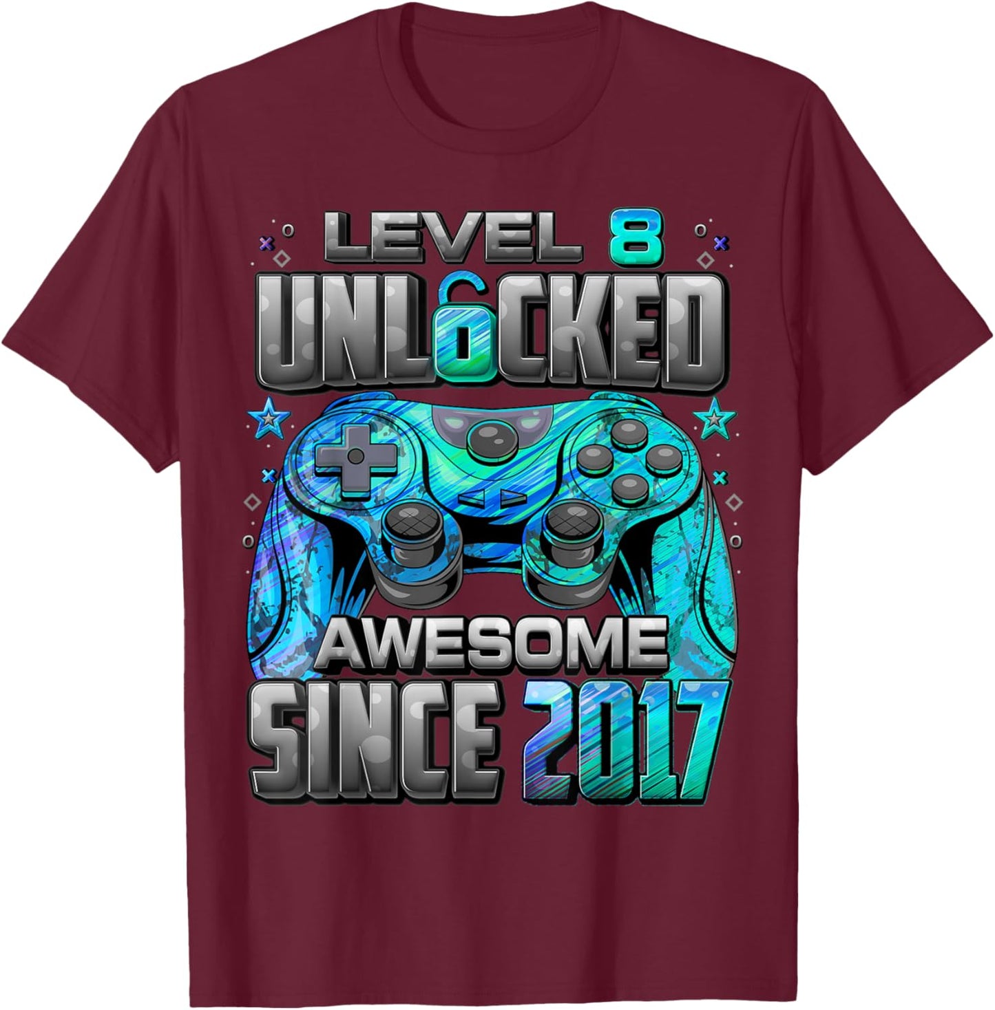 Level 8 Unlocked Awesome Since 2017 8th Birthday Gaming T-Shirt - T-Shirt | Maroon