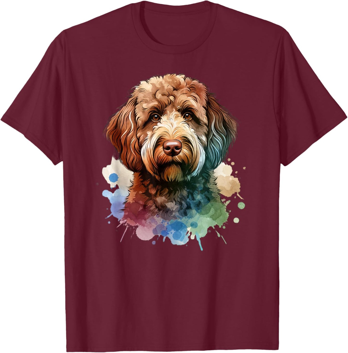 Doggies Unlimited Chocolate Labradoodle Dog Watercolor Artwork T-Shirt - T-Shirt | Maroon