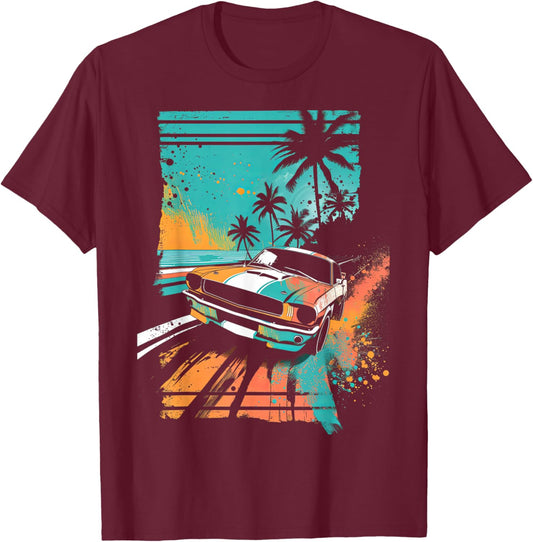 Vintage Car Teal Sunset Tropical Beach T-Shirt - T-Shirt | Maroon