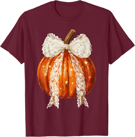 Coquette Bow Pumpkin Season Autumn Fall Y'all Thanksgiving T-Shirt - T-Shirt | Maroon