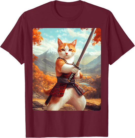 Samurai Cat Women Girls Kids T-Shirt - T-Shirt | Maroon