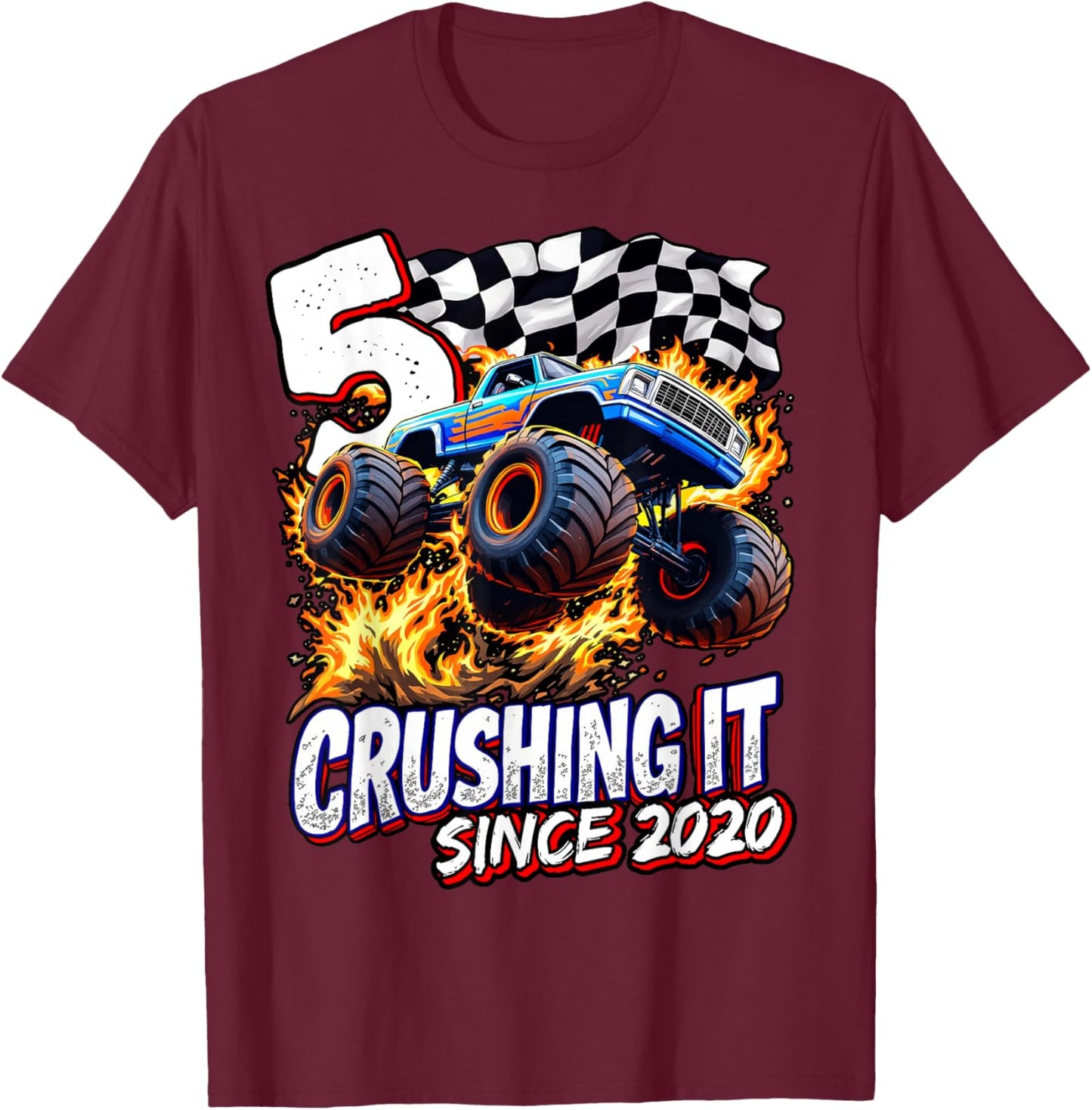 Birthday Monster Truck 5 year Old Boys 5th Party Born 2020 T-Shirt - T-Shirt | Maroon