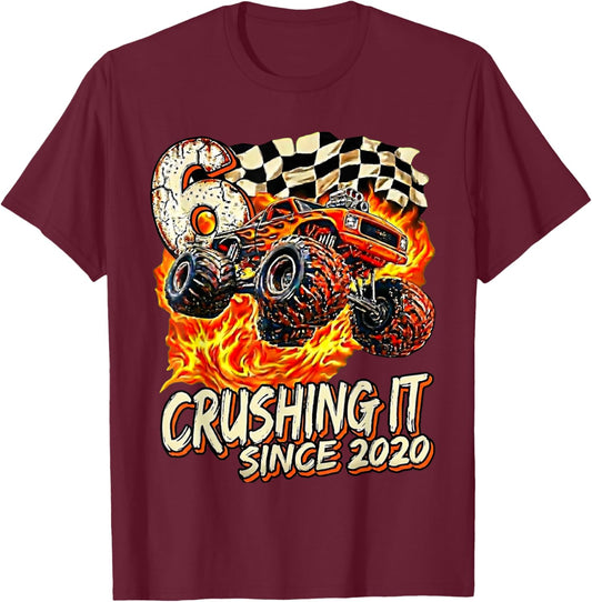 Birthday Monster Truck Boy 6 Year Old Crushing It Since 2020 T-Shirt - T-Shirt | Maroon