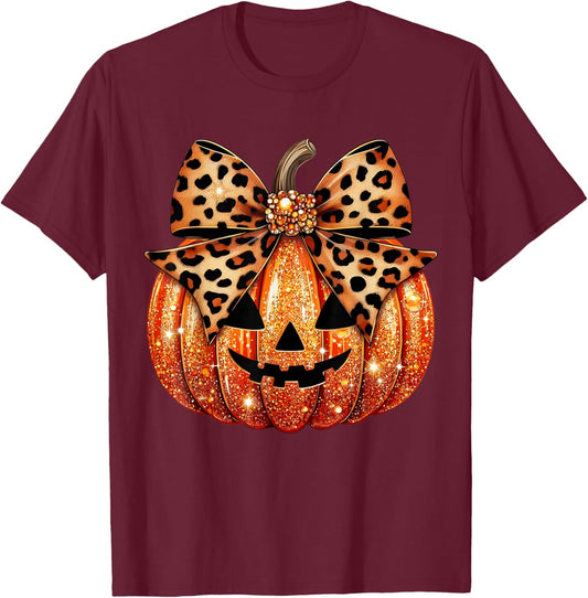 Leopard Coquette Bow Pumpkin Sparkly Pumpkin T-Shirt - T-Shirt | Maroon