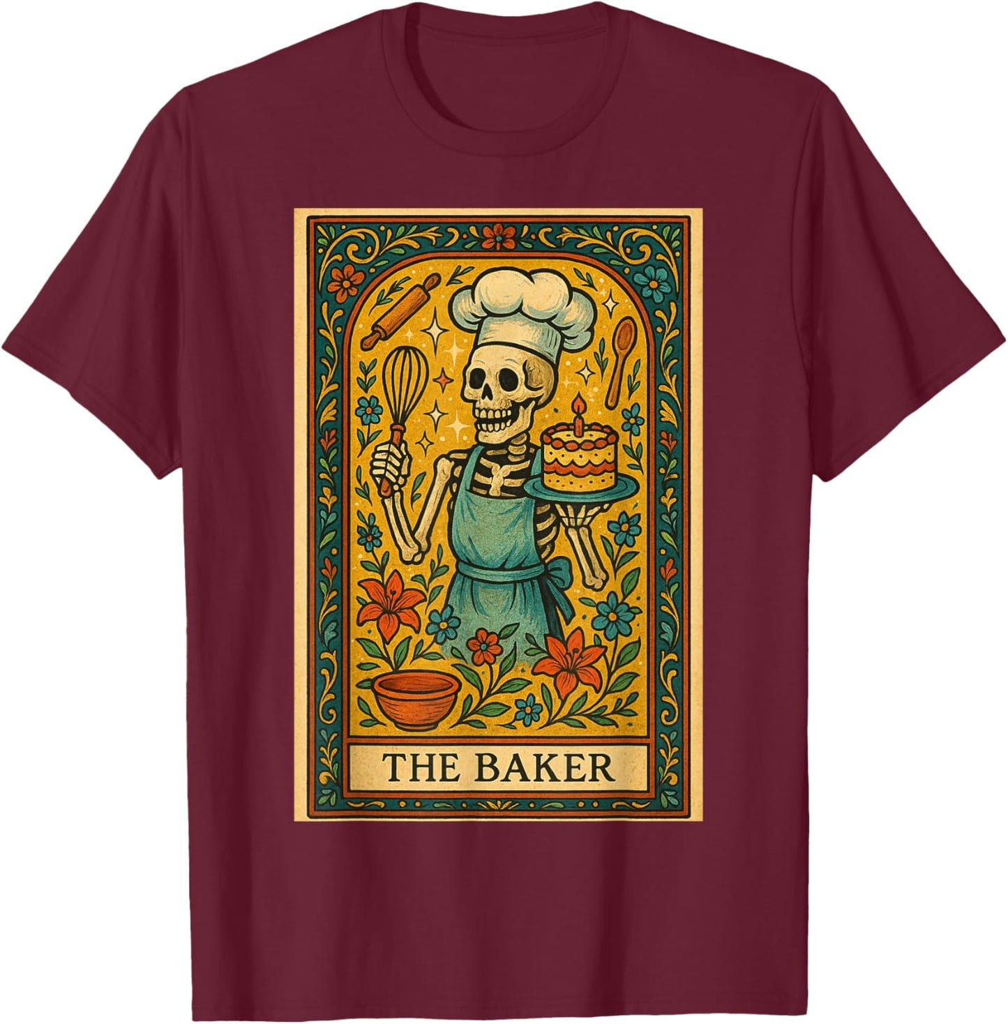 Skeleton Baker Tarot Card Whimsical Culinary Spooky Chef T-Shirt - T-Shirt | Maroon
