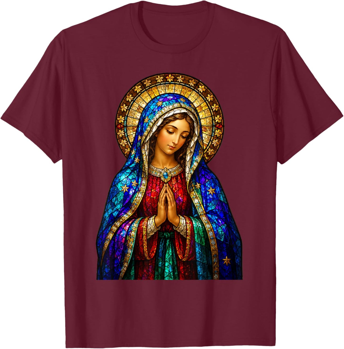 Praying Virgin Mary Stained Glass Catholic Devotion Icon T-Shirt - T-Shirt | Maroon