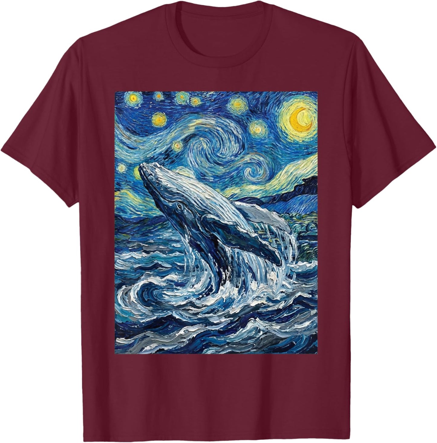 Humpback Whale Starry Night Van Gogh Style, Whale Watching T-Shirt - T-Shirt | Maroon