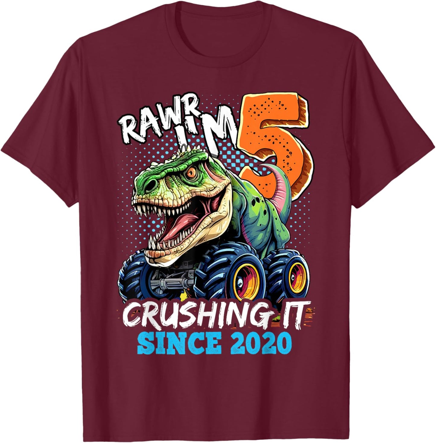 5th Birthday Monster Truck Dinosaur Party Boys Rawr I'm 5 T-Shirt - T-Shirt | Maroon