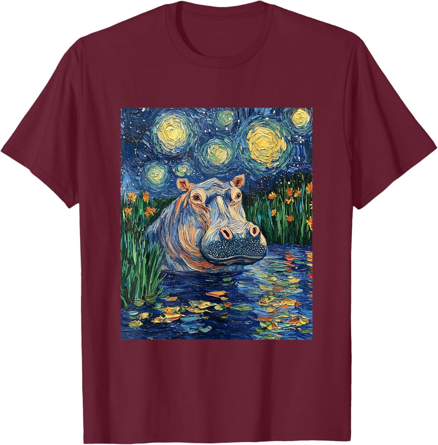 Hippo Hippopotamus - Van Gogh Style - Starry Night T-Shirt - T-Shirt | Maroon