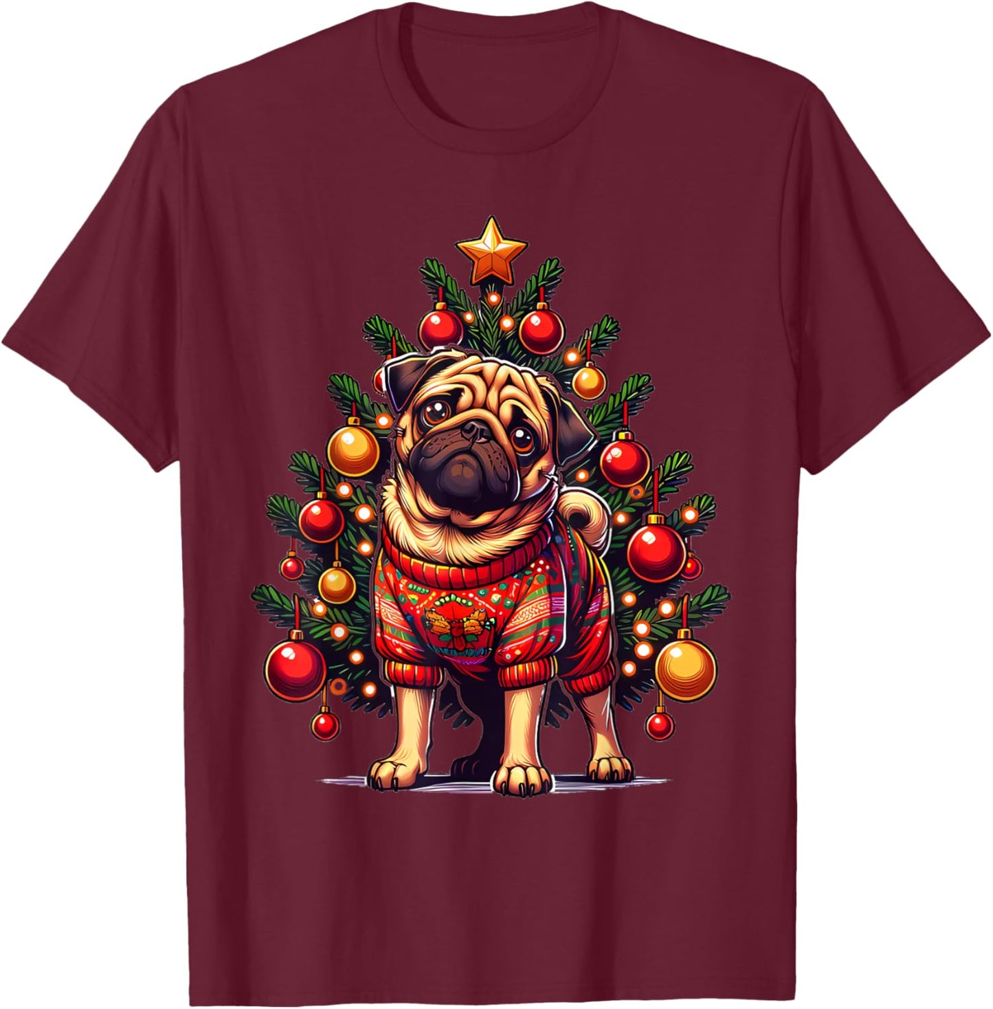 Pug Dog Xmas Christmas Pajama T-Shirt - T-Shirt | Maroon