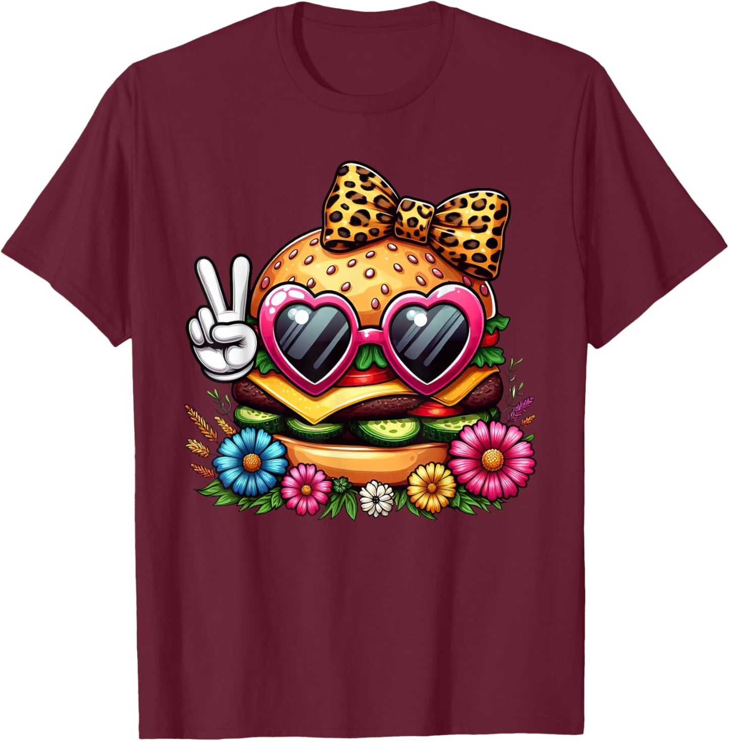 Funny Peace Hand Hamburger Mom Mothers Day Hamburger T-Shirt - T-Shirt | Maroon