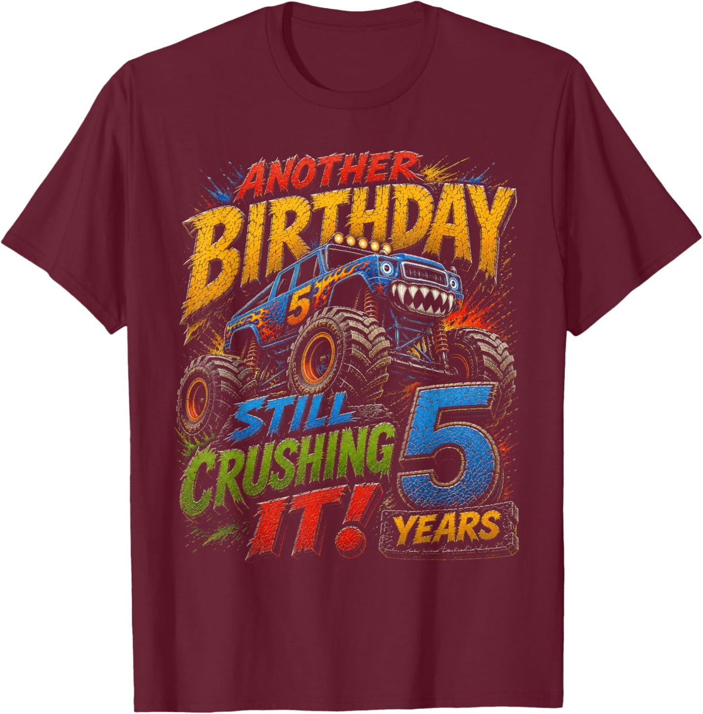 Monster Truck 5th Birthday Shirt 5 Year Old Boy T-Shirt - T-Shirt | Maroon