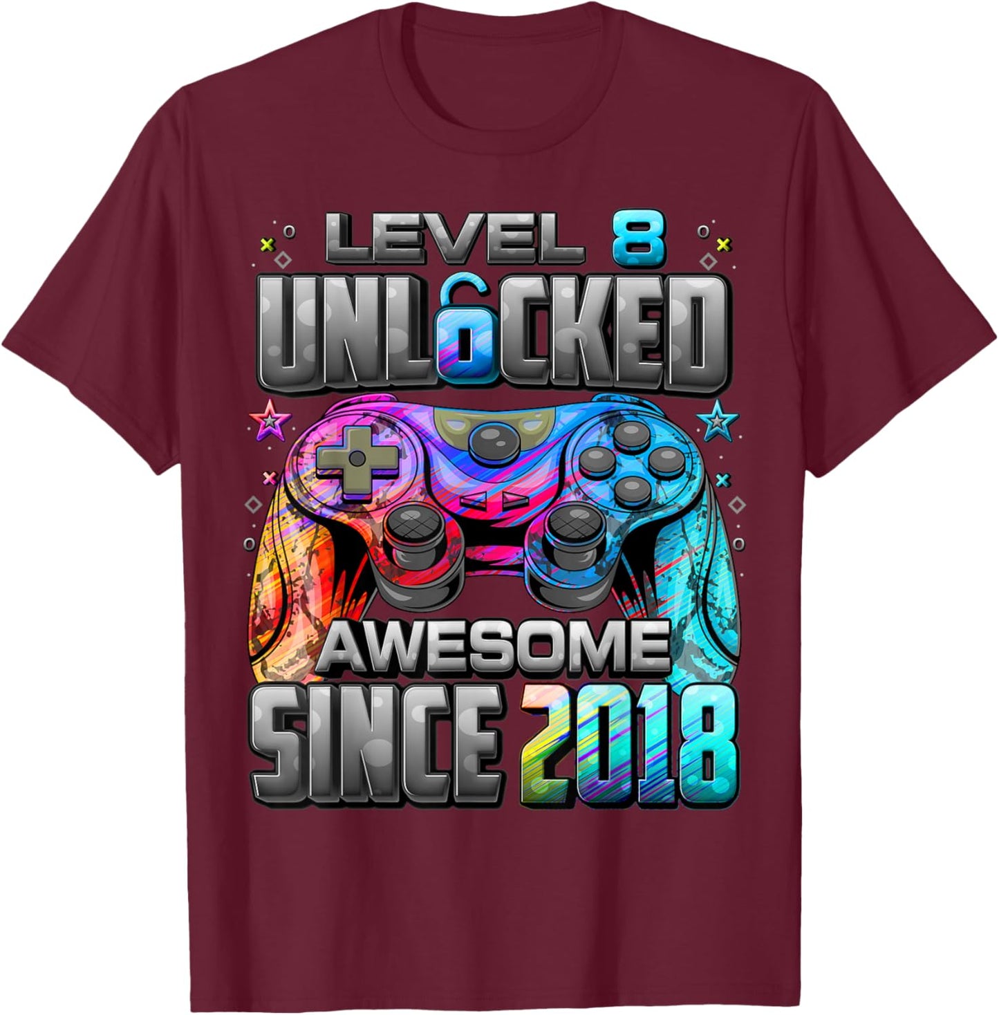 Level 8 Unlocked Awesome Since 2018 8th Birthday Gaming T-Shirt - T-Shirt | Maroon