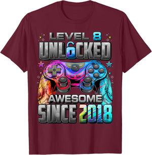 Level 8 Unlocked Awesome Since 2018 8th Birthday Gaming T-Shirt - T-Shirt | Maroon