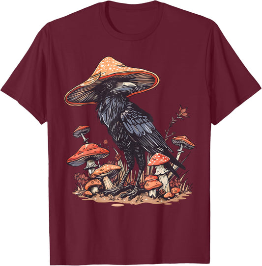 Raven Crow Bird Cottagecore Aesthetic Mushroom Hat T-Shirt - T-Shirt | Maroon