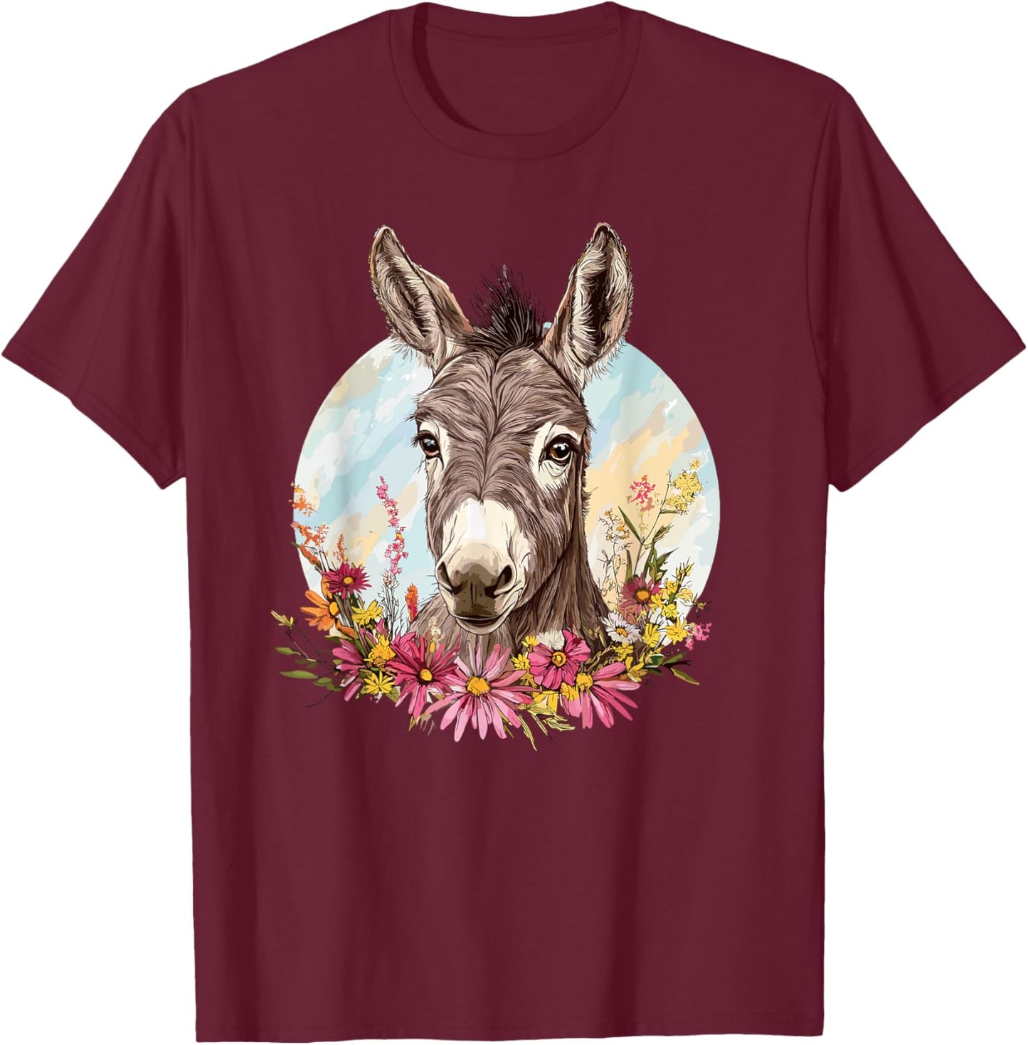 Adorable Donkey Surrounded By Colorful Flowers T-Shirt - T-Shirt | Maroon