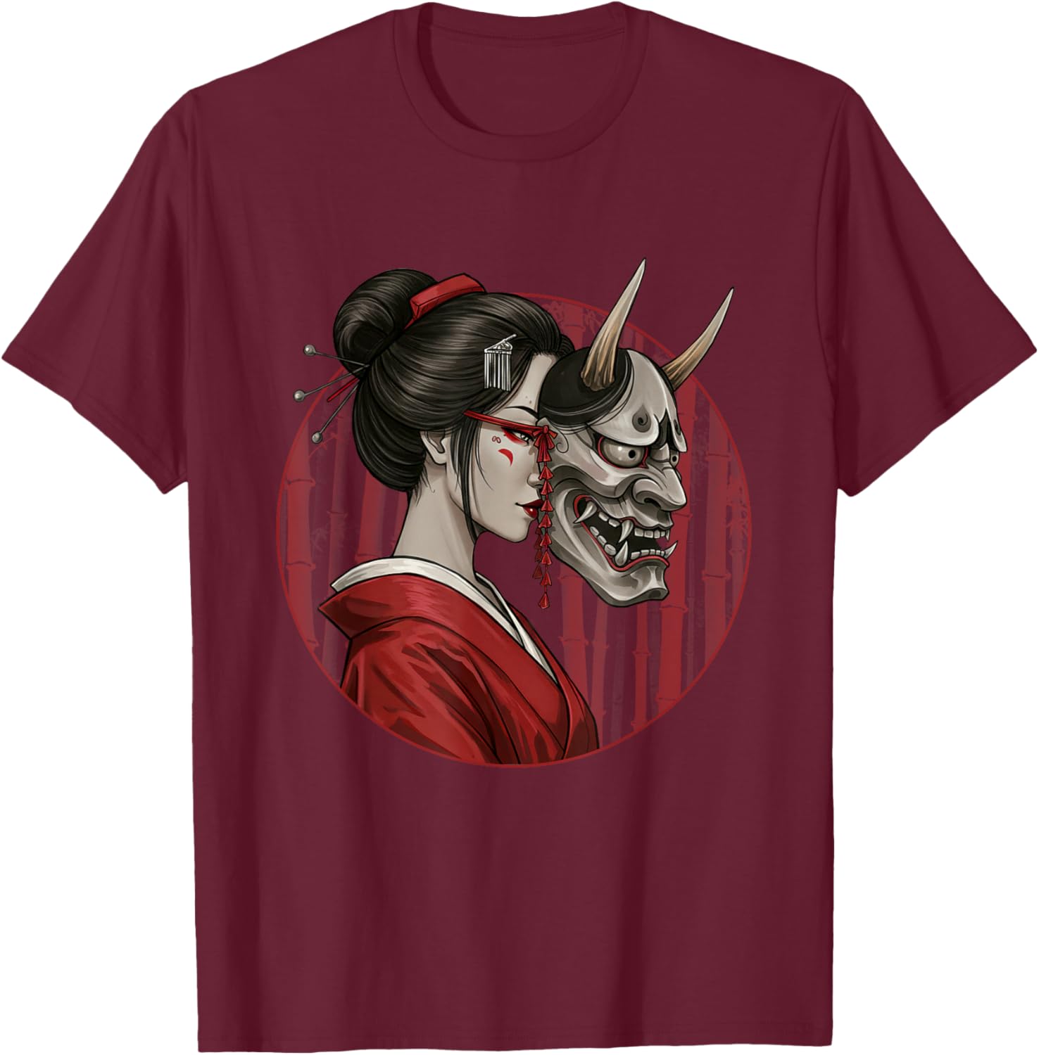 Geisha Hannya Noh mask Oni Aesthetics Japanese graphics T-Shirt - T-Shirt | Maroon