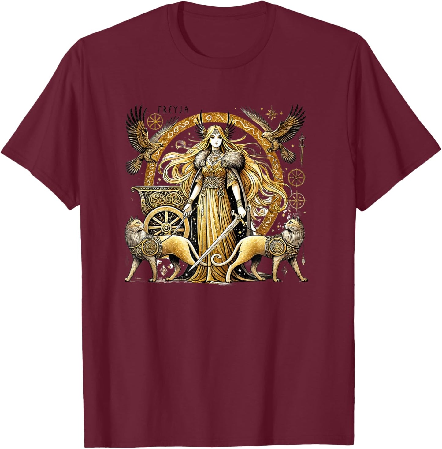 Freyja Norse Goddess of Love and War, Divine Duality, Grace -Adult , Black, Small, Short Sleeve T-Shirt - T-Shirt | Maroon