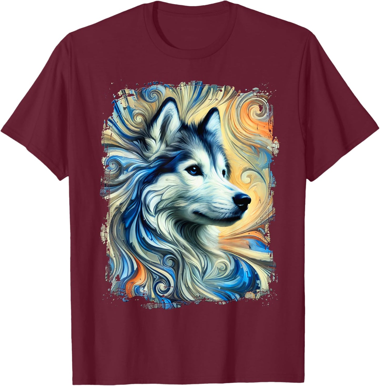 Cute Husky Colourful Artwork T-Shirt - T-Shirt | Maroon