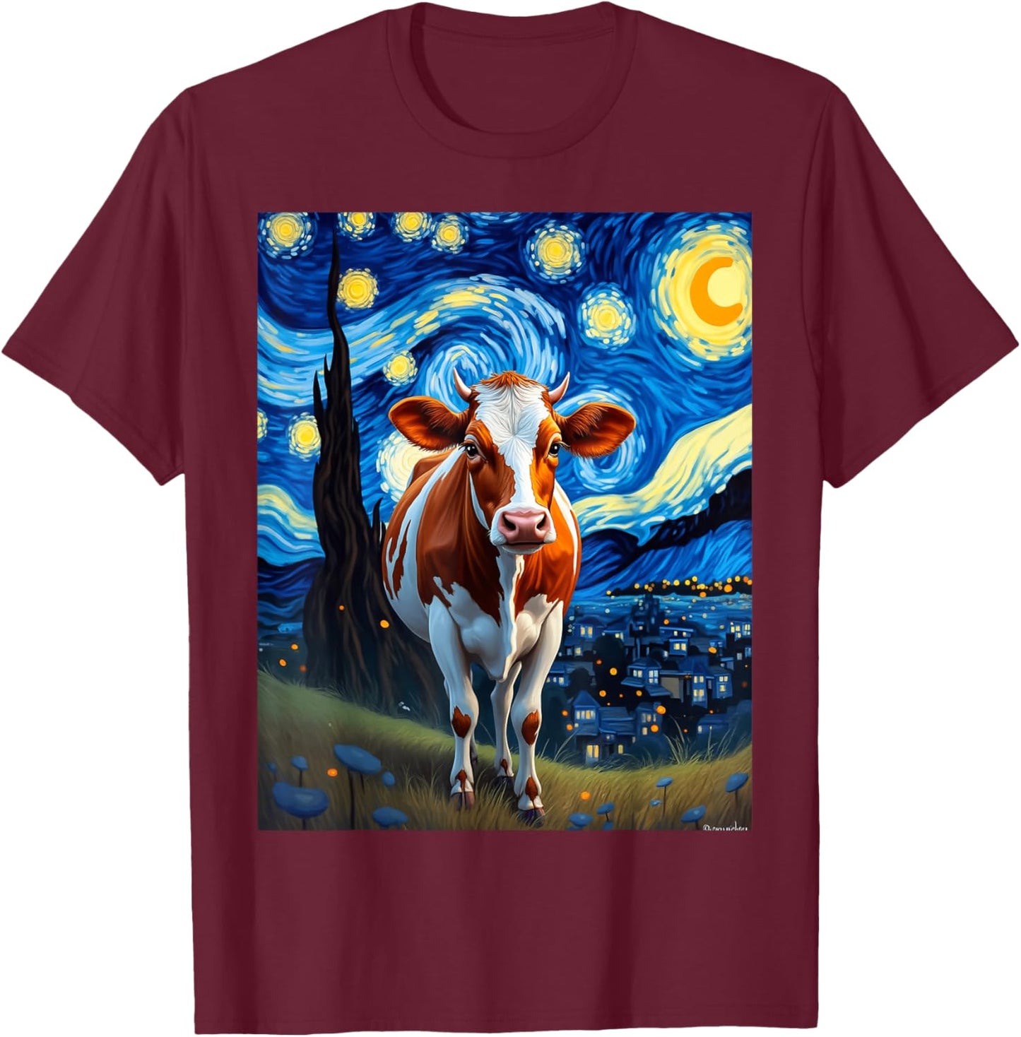 Van Gogh's Starry Night Cow Bovine Animal Lovers T-Shirt - T-Shirt | Maroon