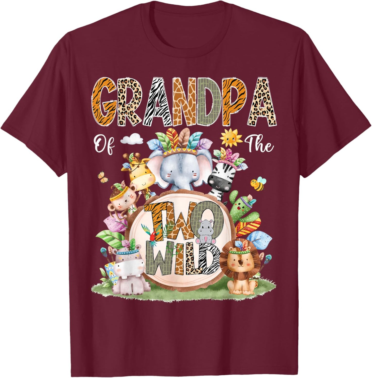 Grandpa Of The Two Wild 2Nd Birthday Animal Safari Tribal T-Shirt - T-Shirt | Maroon