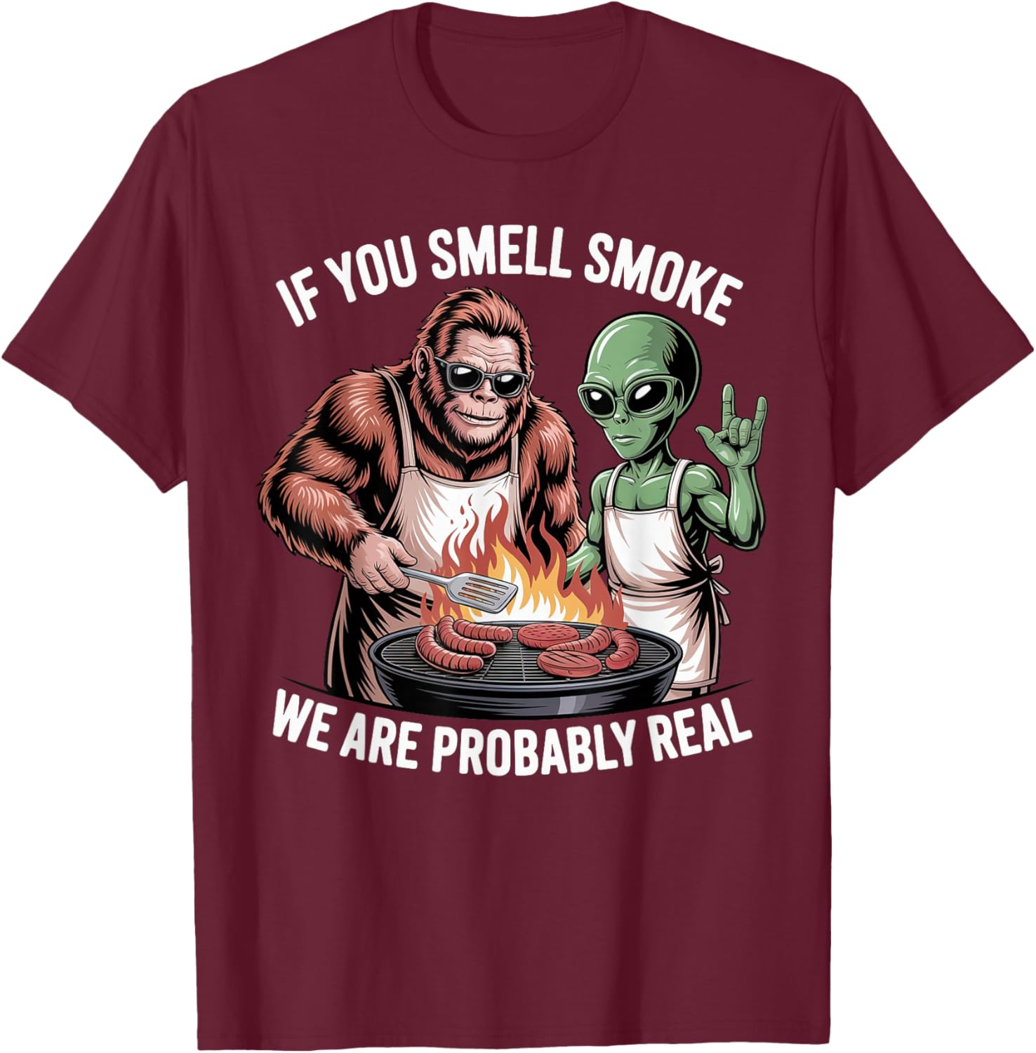 BBQ Bigfoot and Alien Men Father's Day BBQ Bigfoot Alien BBQ T-Shirt - T-Shirt | Maroon
