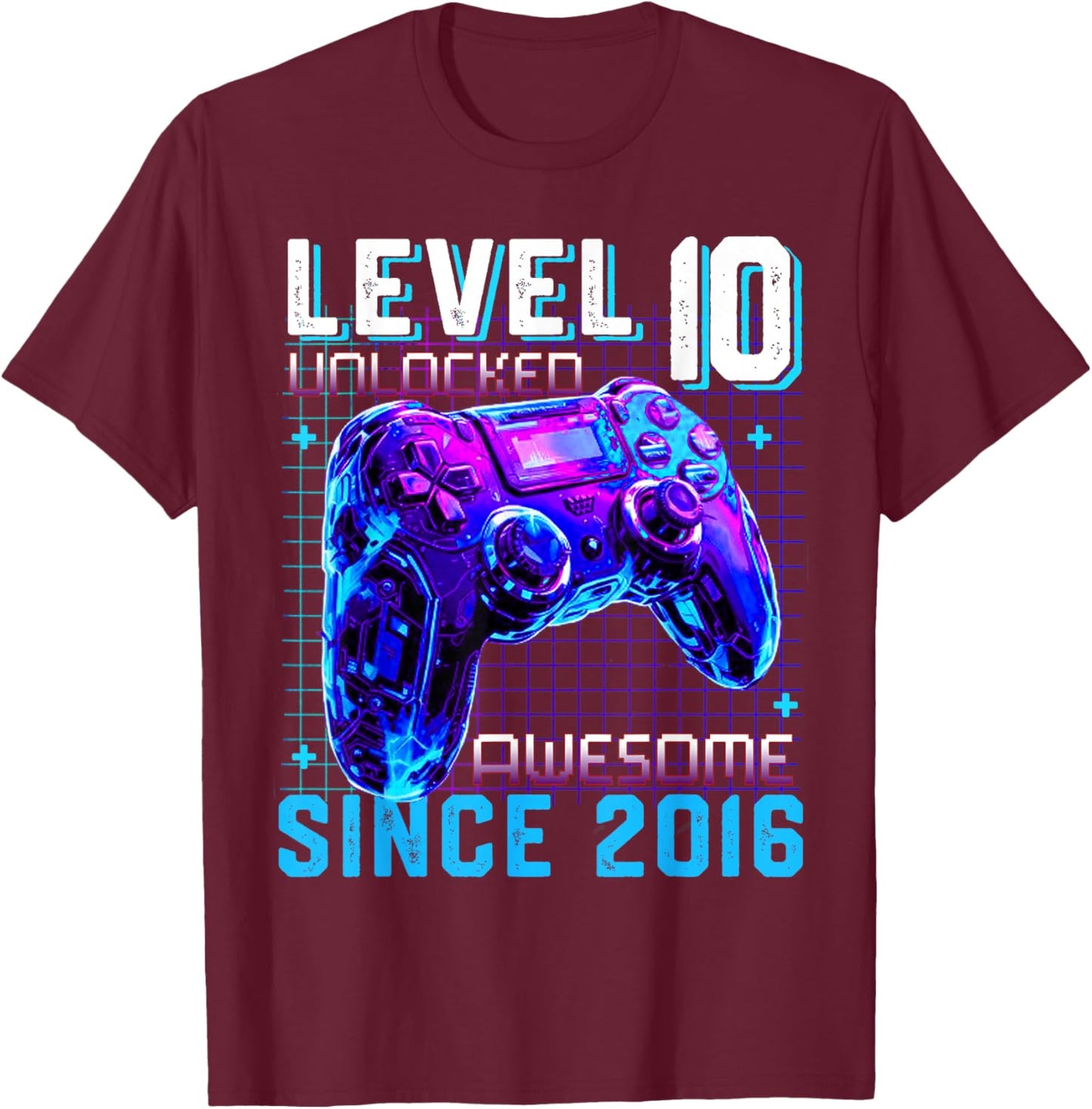 Level 10 Unlocked Awesome Since 2016 10th Birthday Gaming T-Shirt - T-Shirt | Maroon