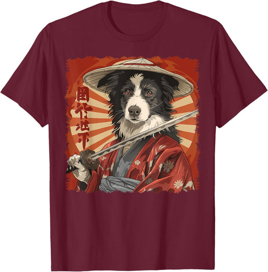 Border Collie Dog Japanese Art Samurai Ukiyo-e Vintage T-Shirt - T-Shirt | Maroon