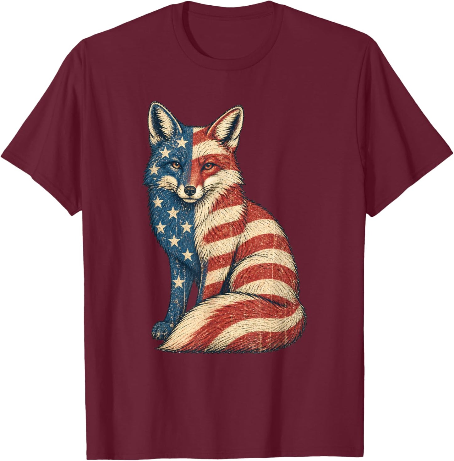 American Flag Fox 4th of July T-Shirt - T-Shirt | Maroon