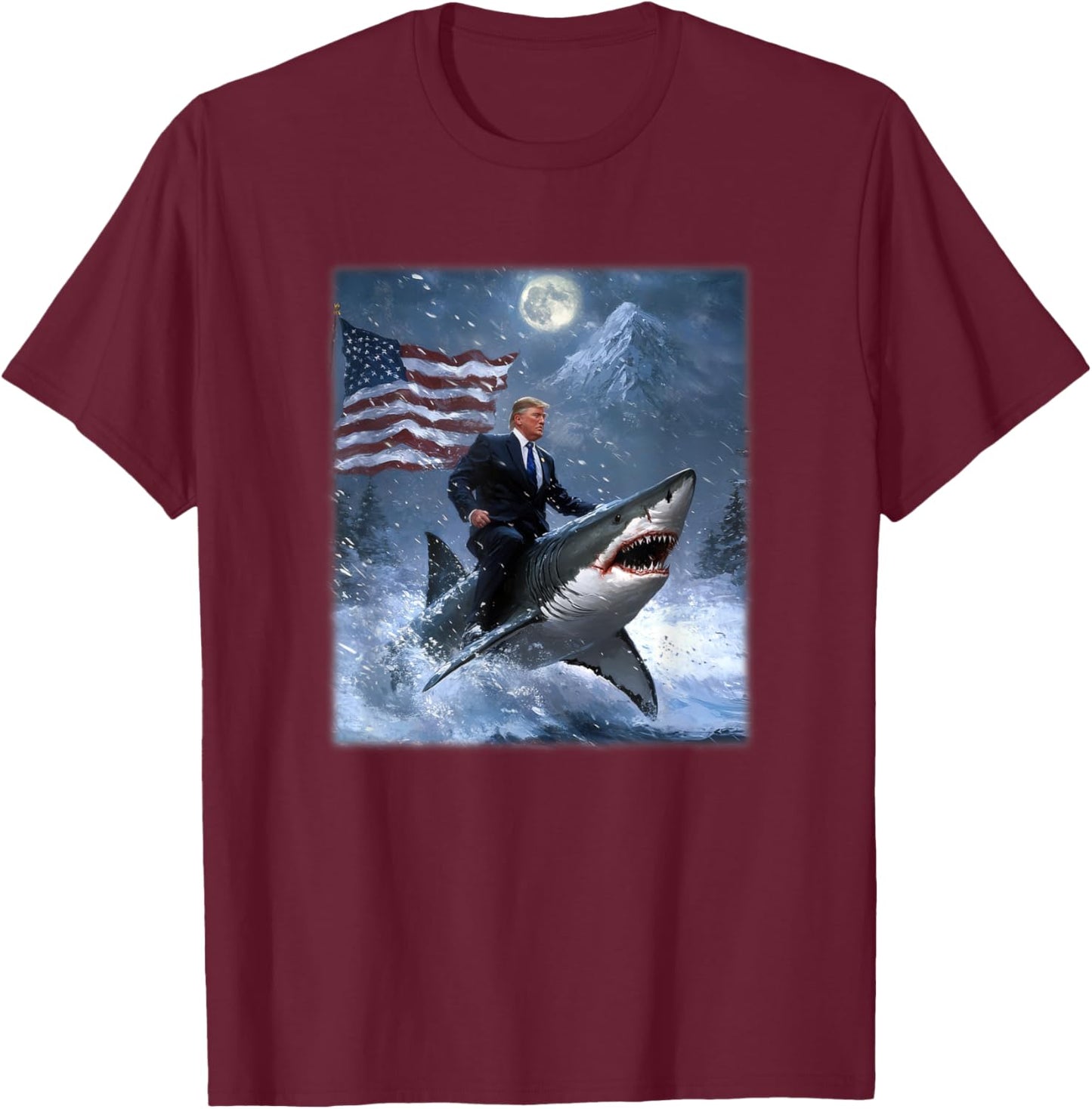 Donald Trump 2024 Riding A Shark American Flag T-Shirt - T-Shirt | Maroon
