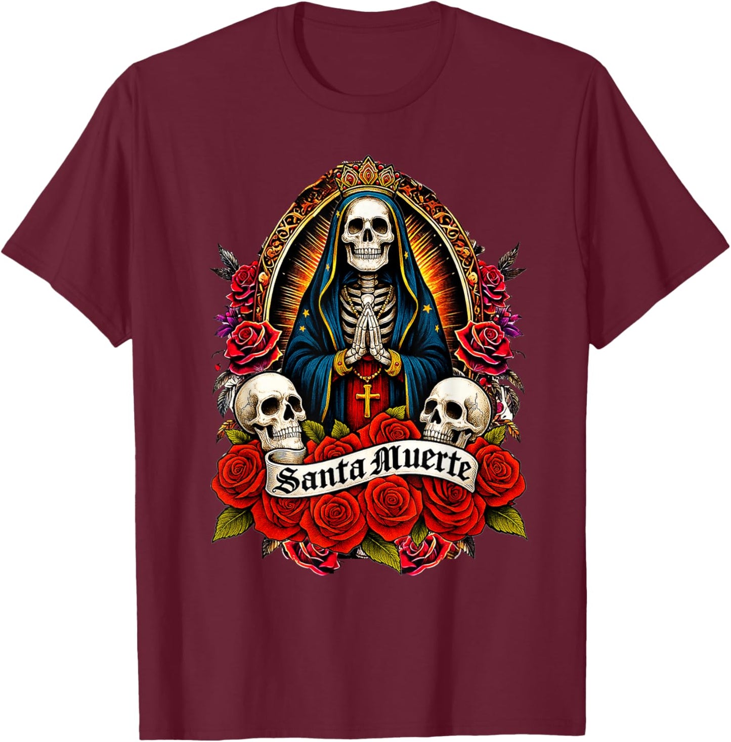 Santa Muerte Mexican Floral Saint Death T-Shirt - T-Shirt | Maroon