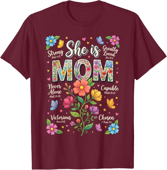 Christian She is Mom Bible Verses Boho Floral Mother's Day T-Shirt - T-Shirt | Maroon