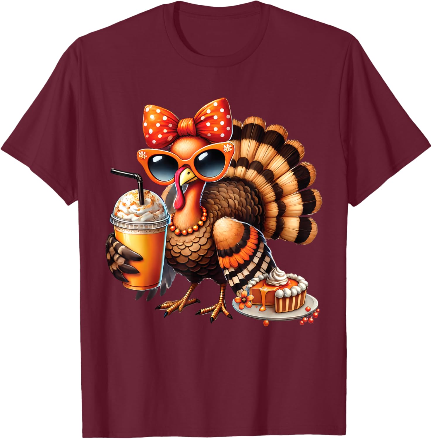 Turkey Drinking Coffee Bow Thanksgiving Turkey Day T-Shirt - T-Shirt | Maroon