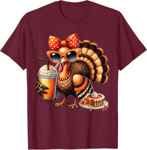 Turkey Drinking Coffee Bow Thanksgiving Turkey Day T-Shirt - T-Shirt | Maroon