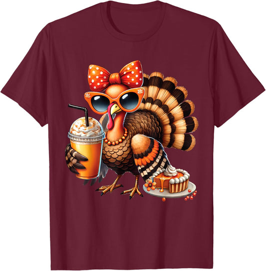 Turkey Drinking Coffee Bow Thanksgiving Turkey Day T-Shirt - T-Shirt | Maroon