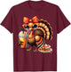 Turkey Drinking Coffee Bow Thanksgiving Turkey Day T-Shirt - T-Shirt | Maroon