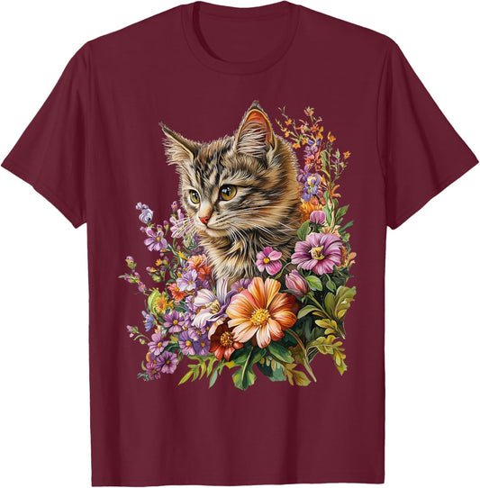 Cat Flower Floral Cute Kitten Graphic T-Shirt - T-Shirt | Maroon