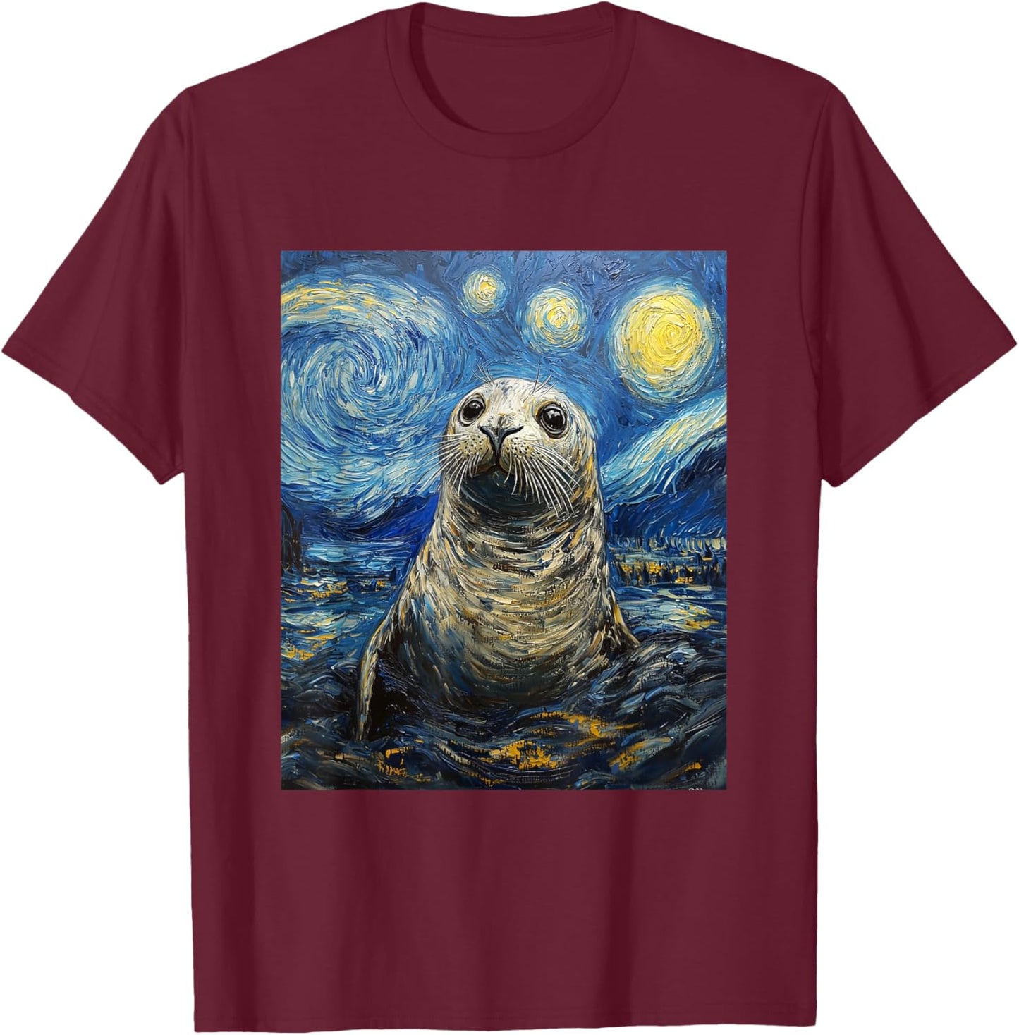 Cute Seal Sea Lion - Van Gogh Style - Starry Night Graphic T-Shirt - T-Shirt | Maroon