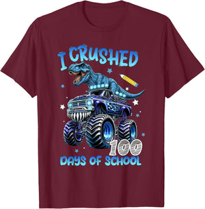 I Crushed 100 Days of School Monster Truck Dinosaur Boys T-Shirt - T-Shirt | Maroon
