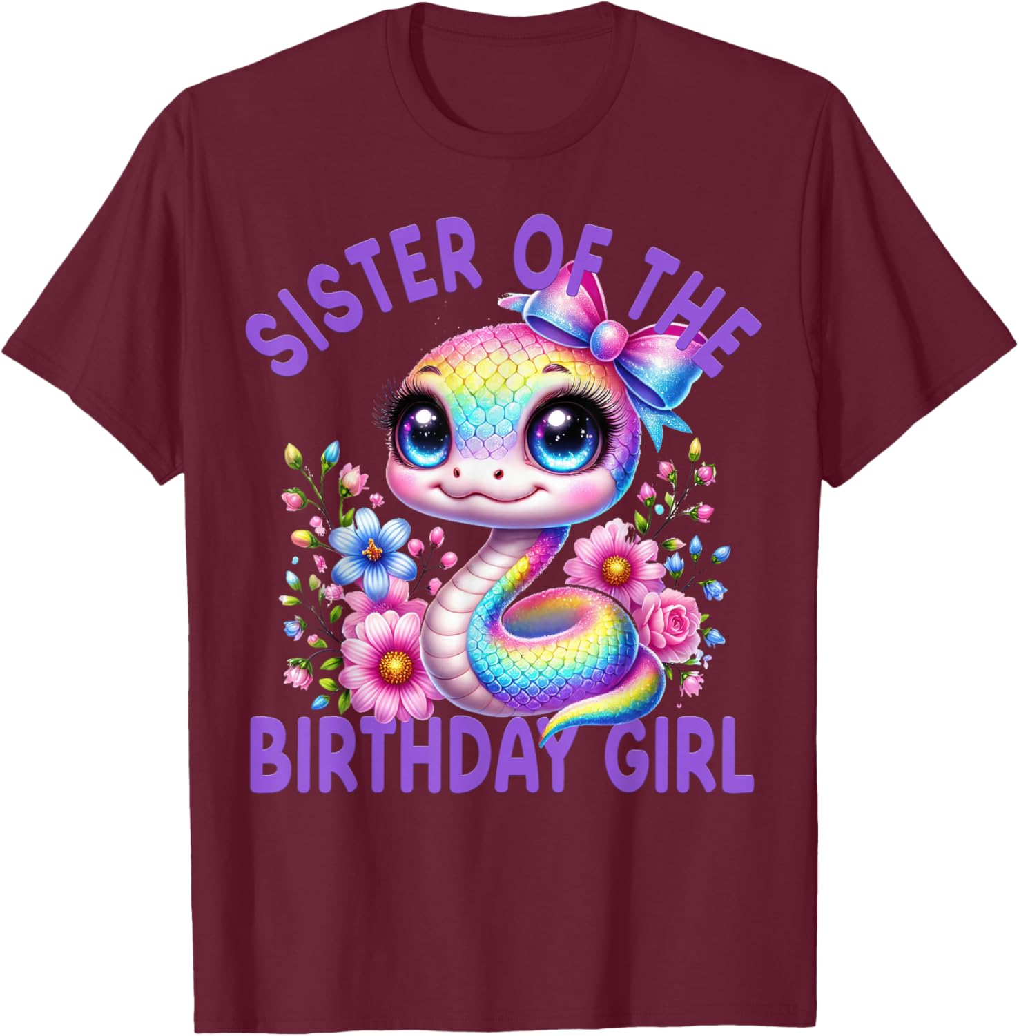 Sister of Birthday Girl Snake Party Rainbow Matching Family T-Shirt - T-Shirt | Maroon