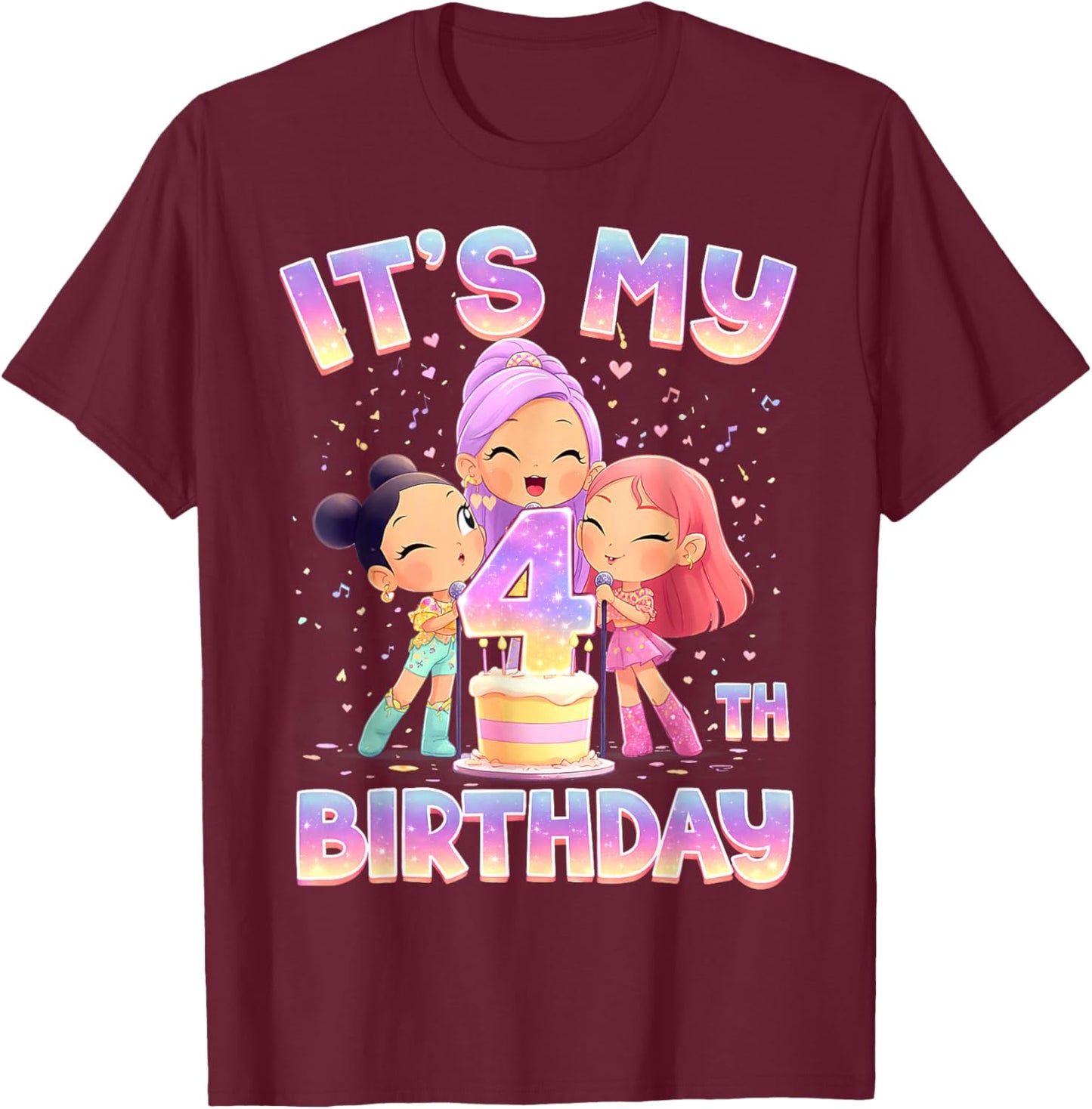 Funny Chibi Kpop Girl It’s My 4th Birthday Girl Korean Party T-Shirt - T-Shirt | Maroon