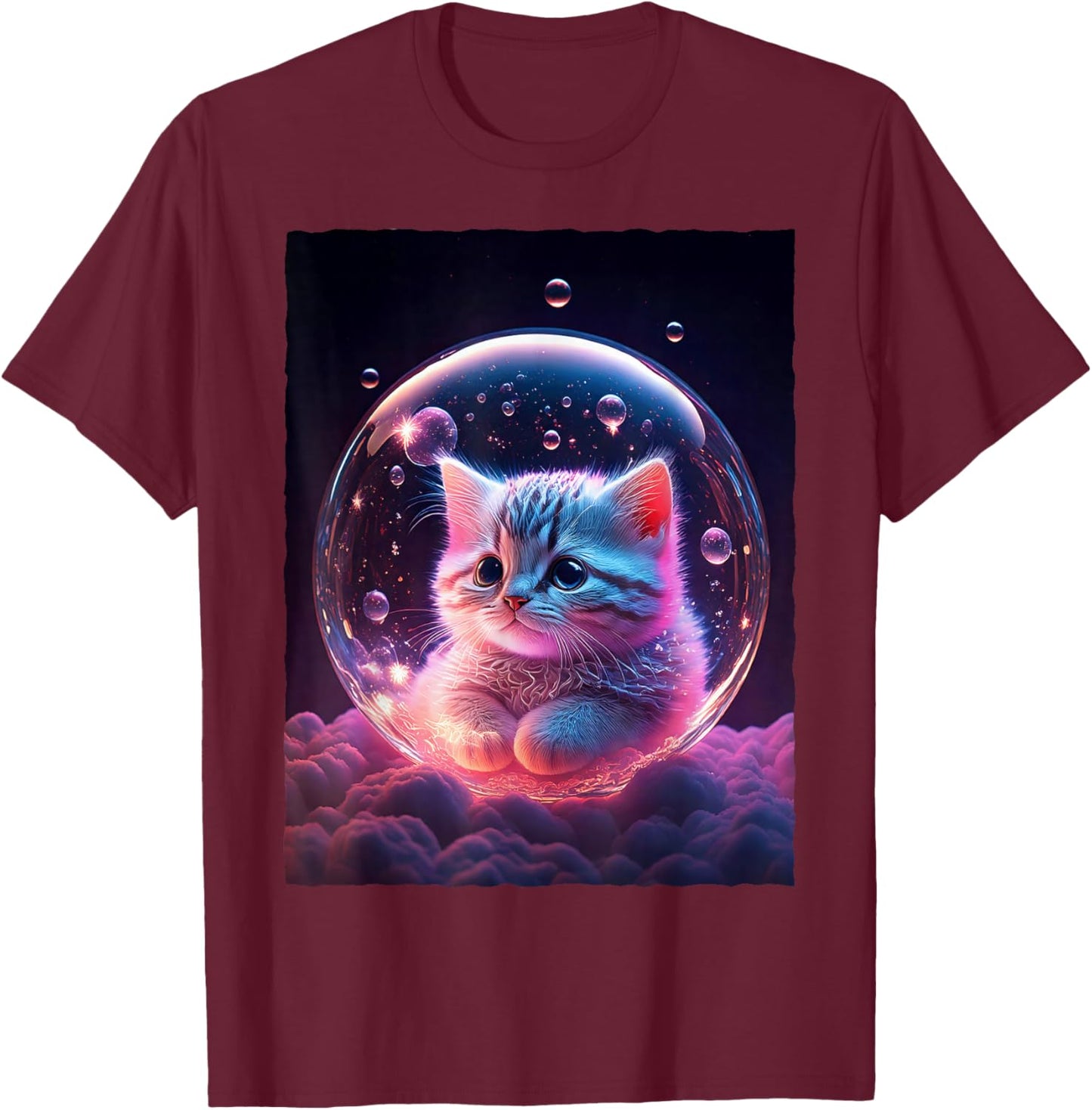 Galaxy Cat In Bubble Space Kitten Kawaii Anime Cosmic Nebula T-Shirt - T-Shirt | Maroon