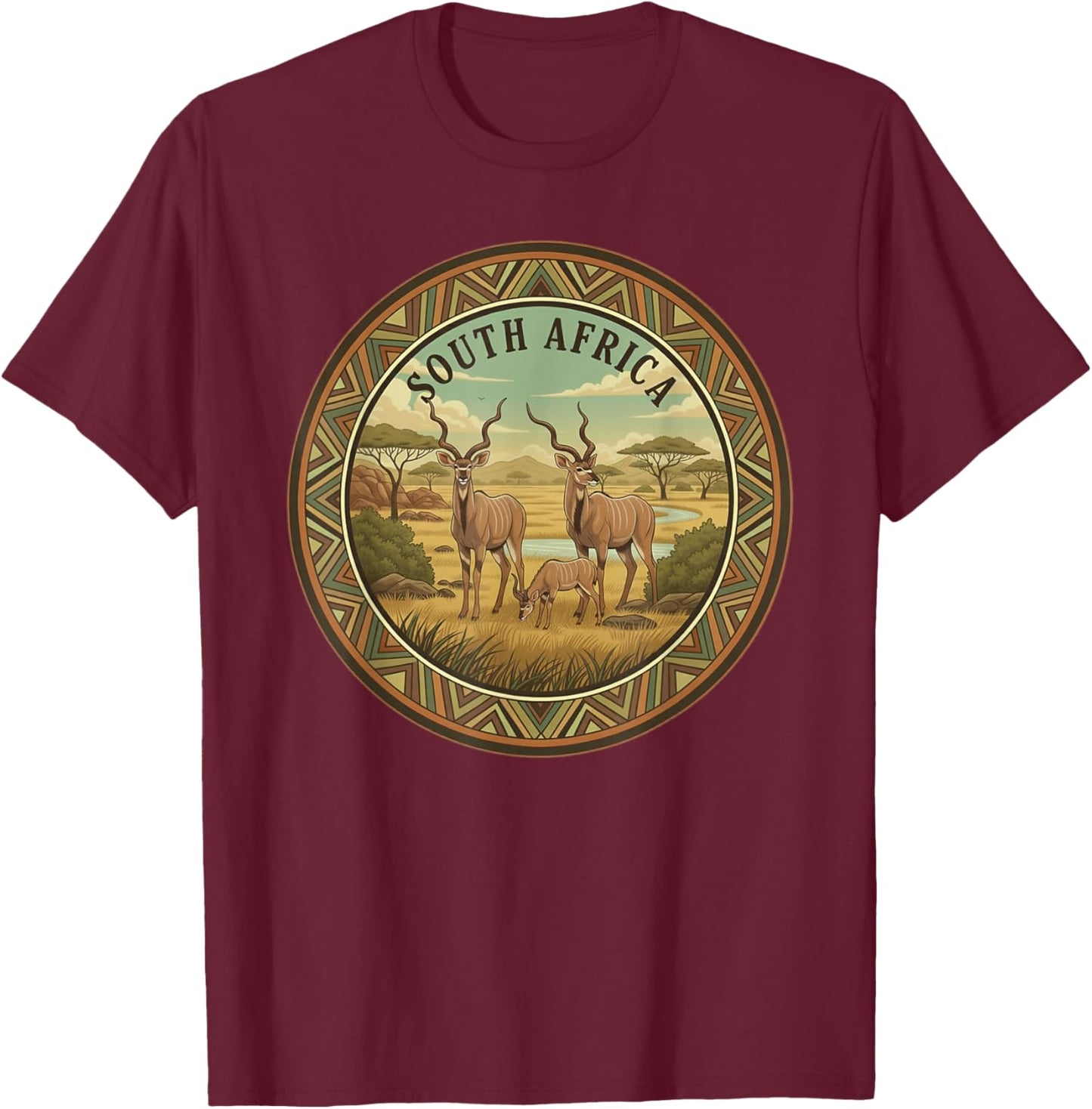 South Africa Safari Kudu Family African Wildlife Vintage T-Shirt - T-Shirt | Maroon