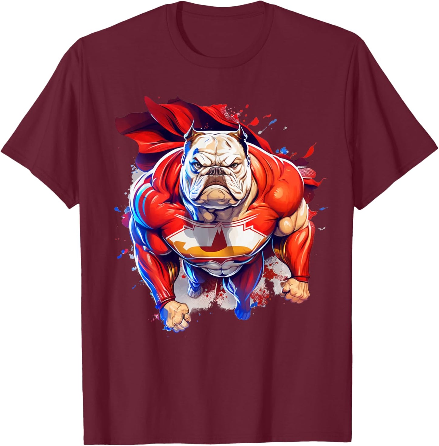 Superhero Bulldog Red Cape Super Hero Dog T-Shirt - T-Shirt | Maroon
