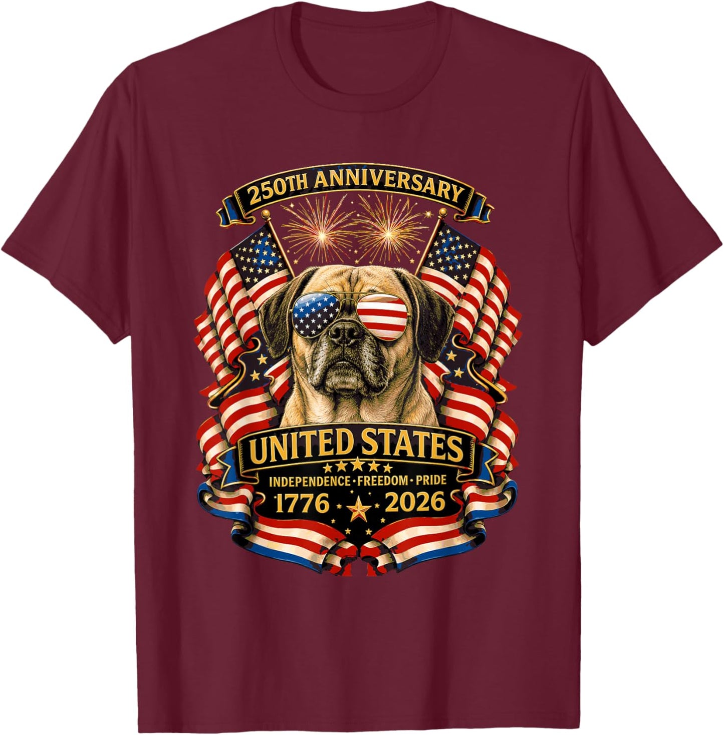 Puggle Dog USA Independence 1776 2026 Patriotic T-Shirt - T-Shirt | Maroon
