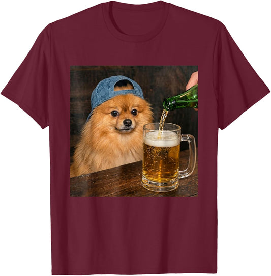 Poméranian Boire de la bière Drôle Chien de Poméranie Meme T-Shirt - T-Shirt | Maroon