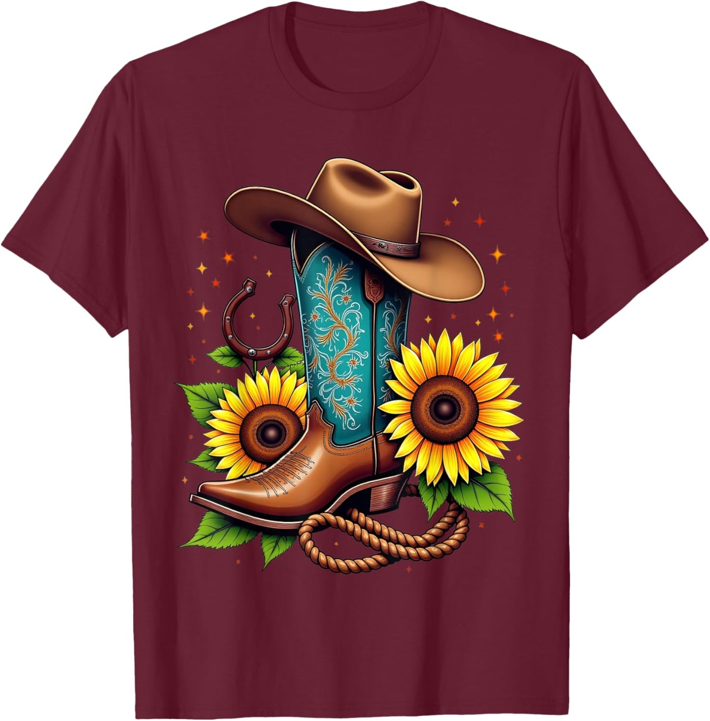 Western Cowboy Boot Sunflower Horseshoe Rope Cowgirl Boot T-Shirt - T-Shirt | Maroon