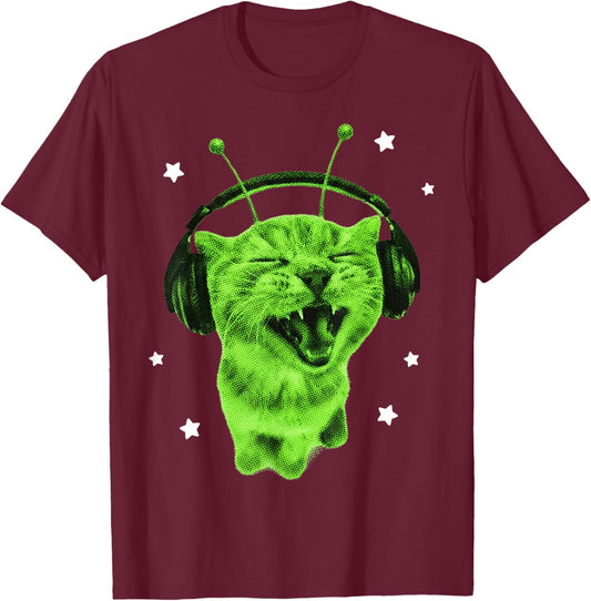 Funny Y2K Alien Cat Meme Retro Silly Cat Vintage Space Kitty T-Shirt - T-Shirt | Maroon