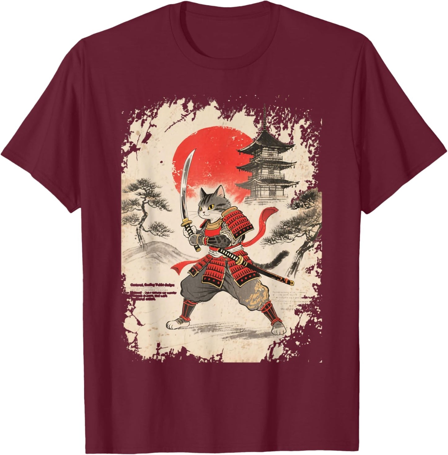 Samurai Cat Japanese Warrior Vintage Distressed Ukiyo-e Art T-Shirt - T-Shirt | Maroon