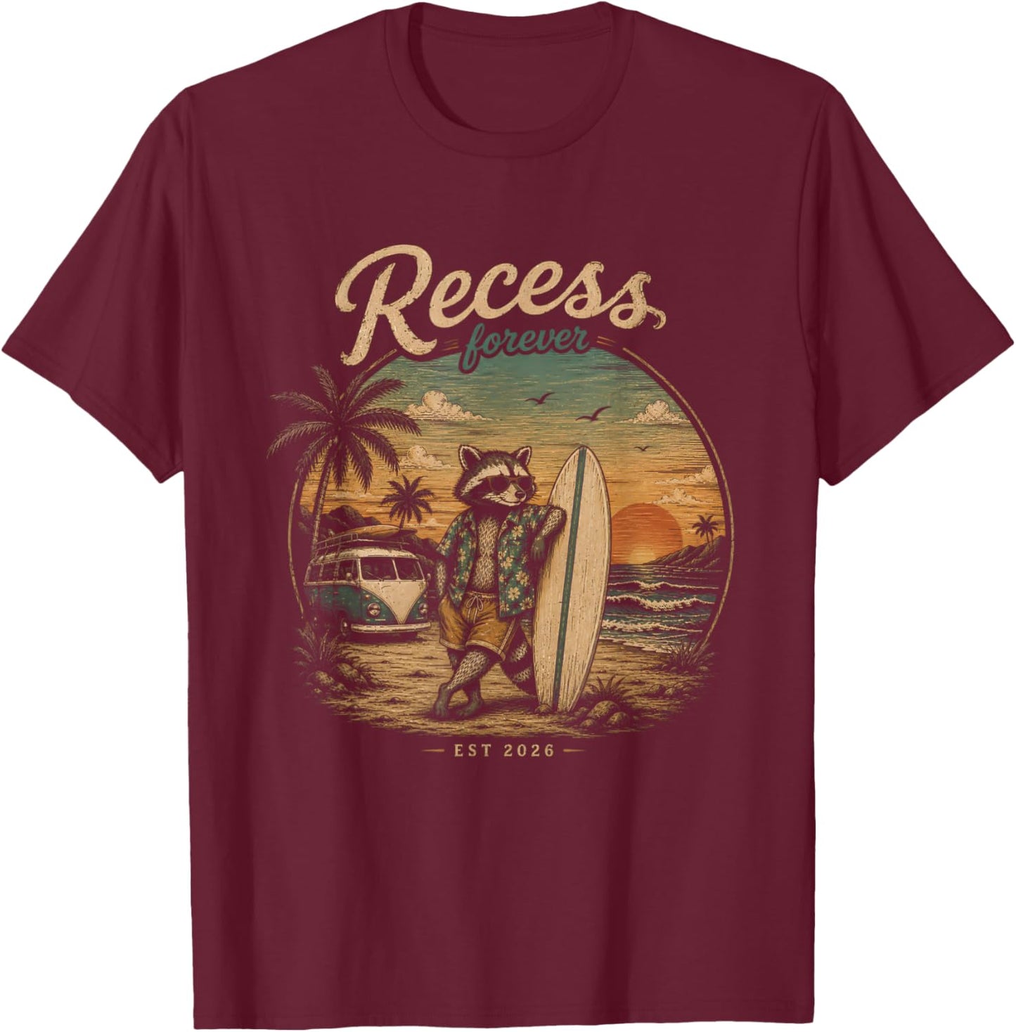 Recess Forever Est 2026 Raccoon Teacher Retirement T-Shirt - T-Shirt | Maroon